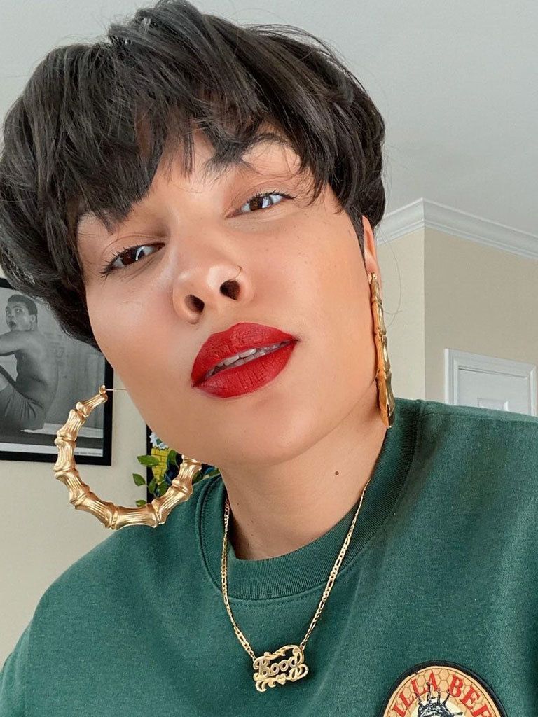 90s bowl cut on a woman