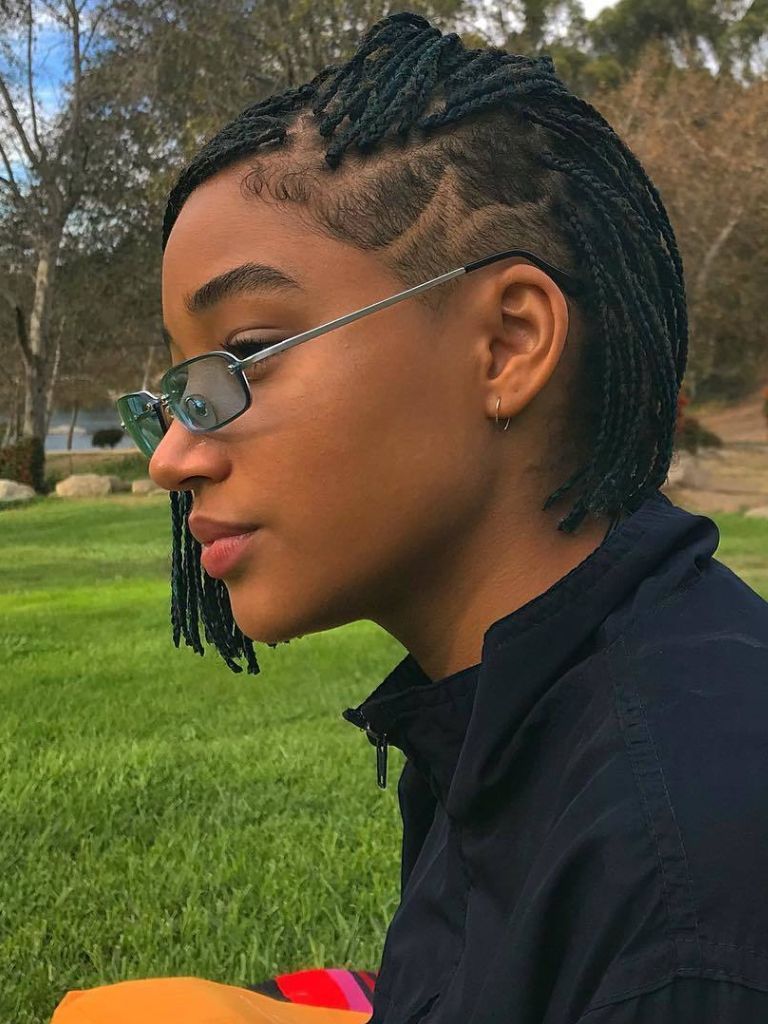 Amandla Stenberg with short bob braids with side shaved hair