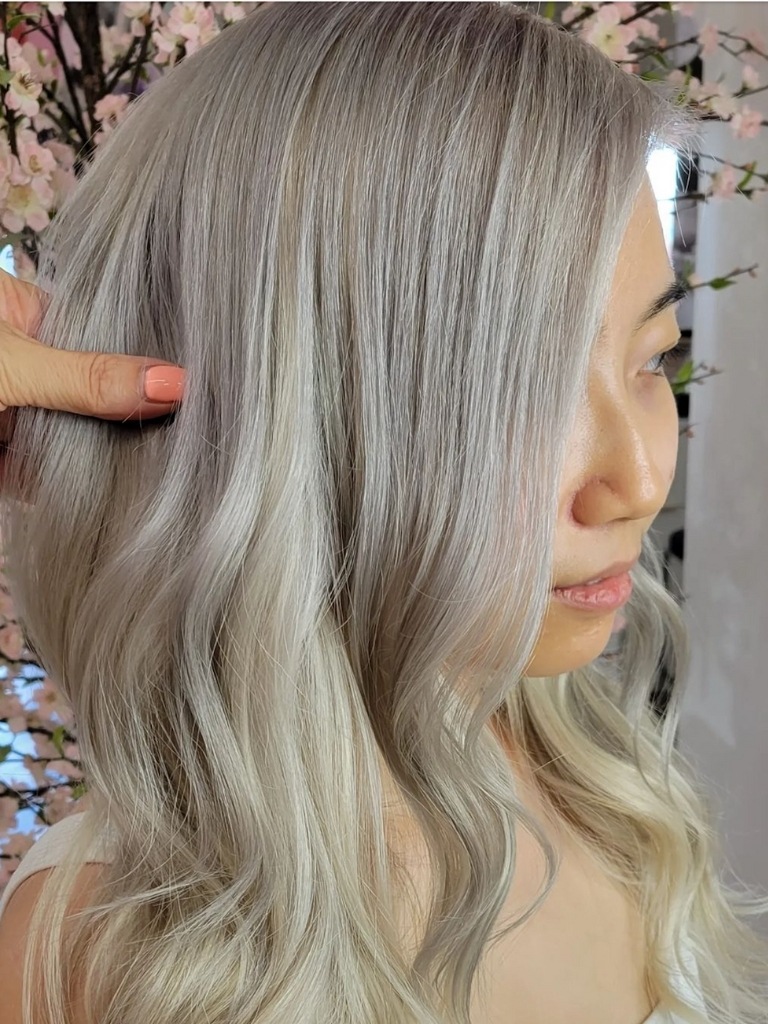 Woman with subtle silver blonde hair