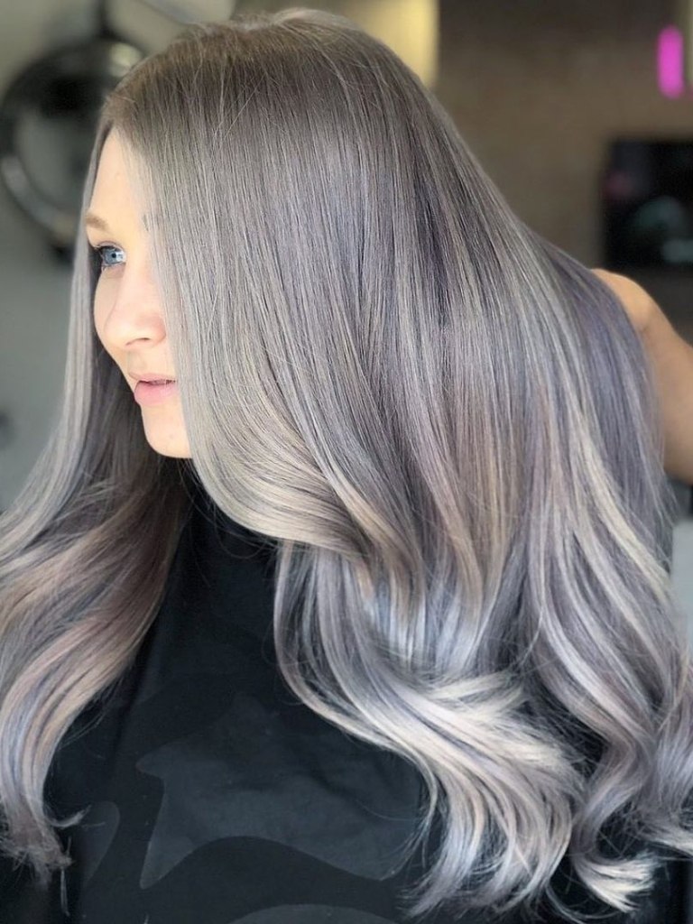 Woman with pewter silver blonde hair