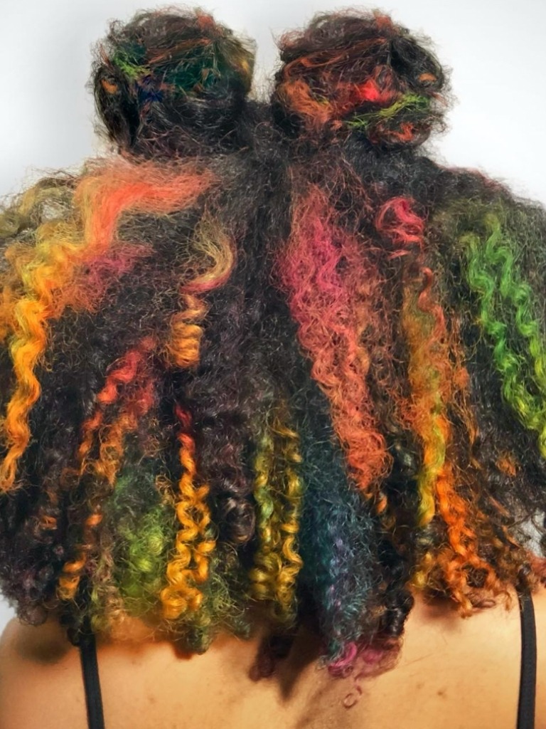 rainbow half-up half-down space buns
