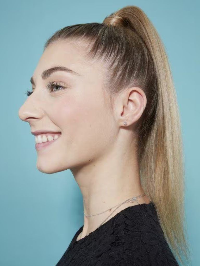 Woman with blonde high ponytail