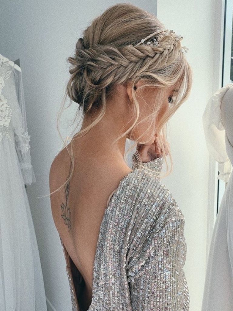 Woman with halo braid bride