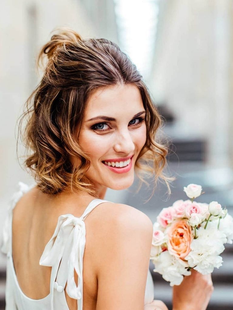 Short half-up bun bridal hair