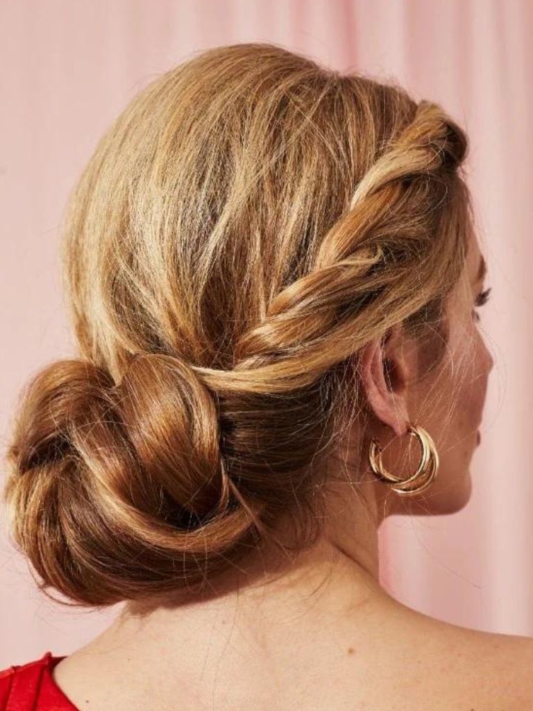 Twist chignon women with braid, facing the side