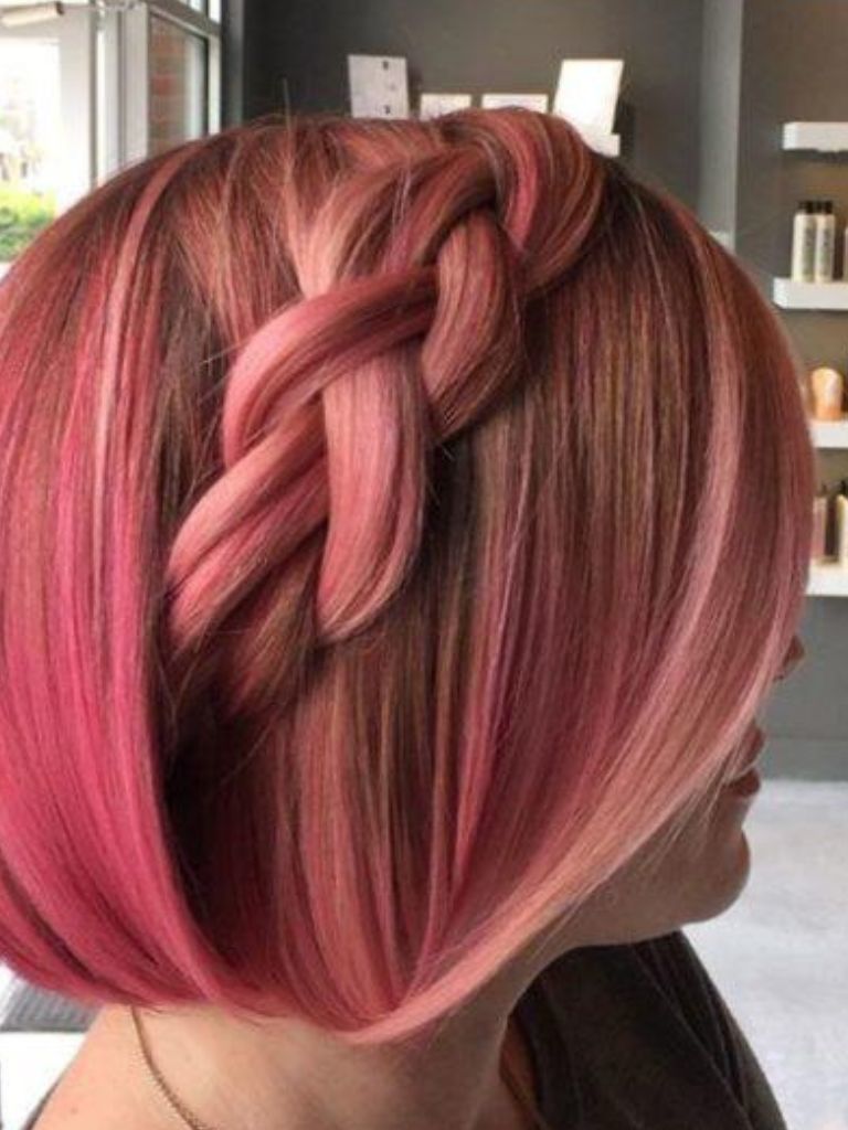 Easy braids for short hair: Side view of pink bob with chunky braid on the side