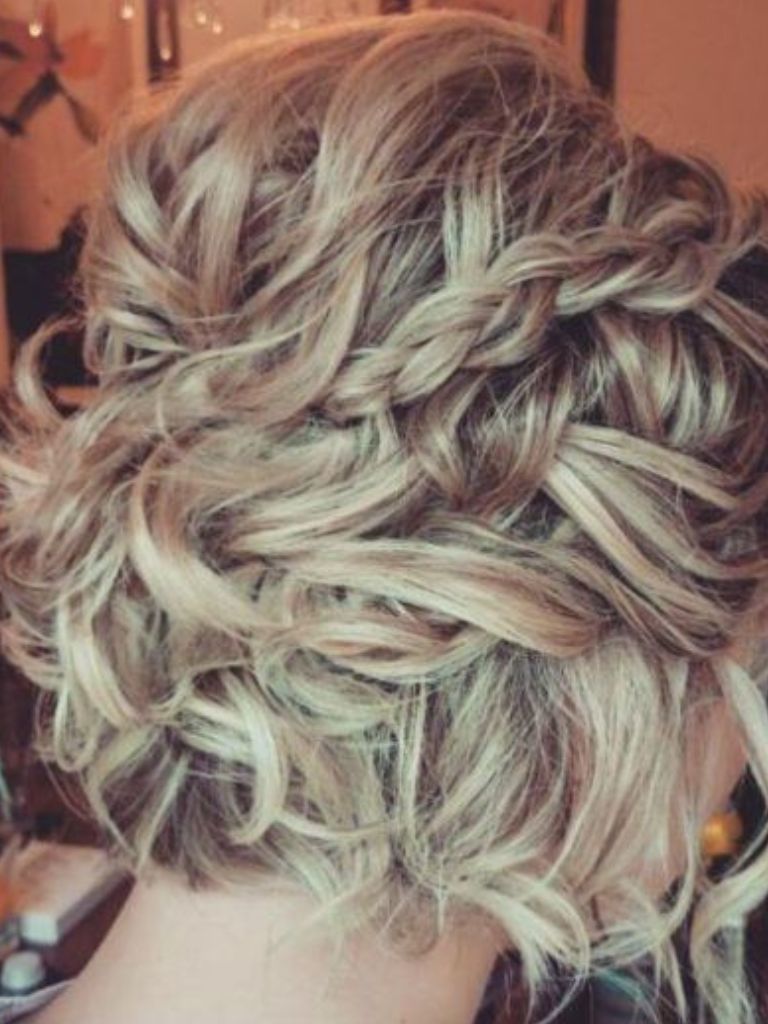 Easy braids for short hair: Side view of short curly blonde hair pinned back braids