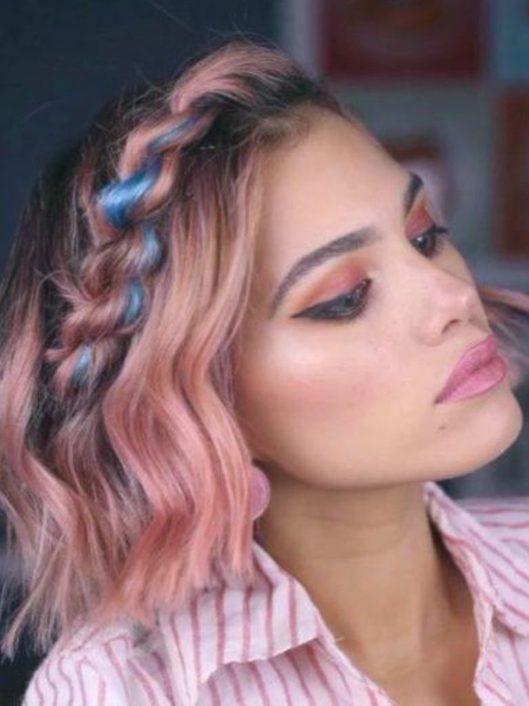 Easy braids for short hair: Side view of rope twist on bob length pink hair