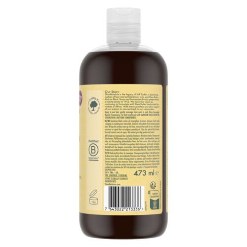 Back of a Shea Moisture Jamaican Black Castor Oil Strengthen & Restore Shampoo Bottle