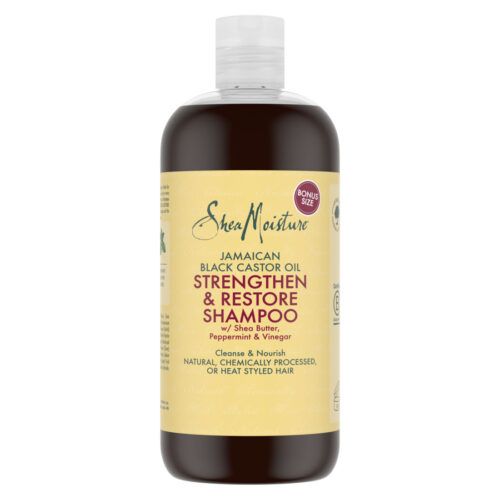 Image of the front of a Shea Moisture Jamaican Black Castor Oil Strengthen & Restore Shampoo bottle