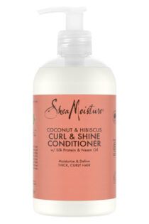 A view for the front of a Shea Moisture Coconut Hibiscus Curl Shine Conditioner bottle