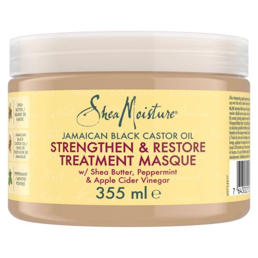 Friend view of a Shea Moisture Jamaican Black Castor Oil Strengthen Restore Hair Treatment Masque container