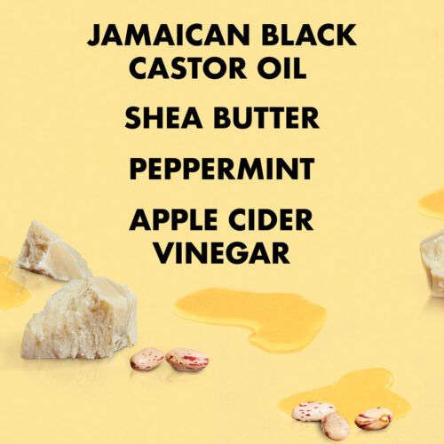 A graphic representation of words jamaican black castor oil, shea butter, peppermint and apple cider vinegar on a yellow background