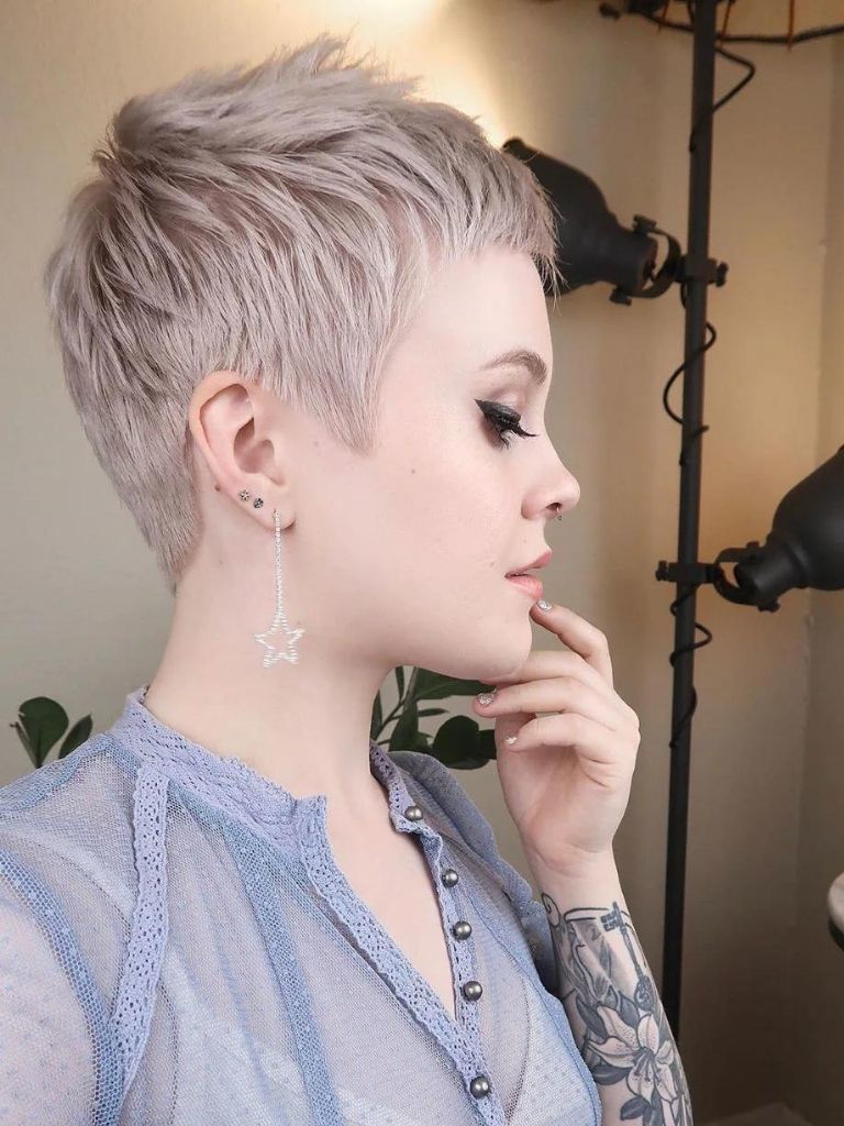 woman with ash blonde fine hair pixie cut