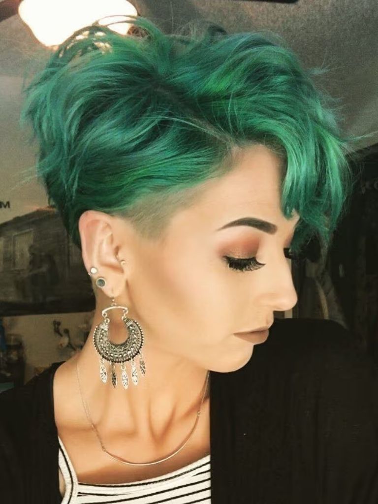 woman with green pixie cut hairstyle