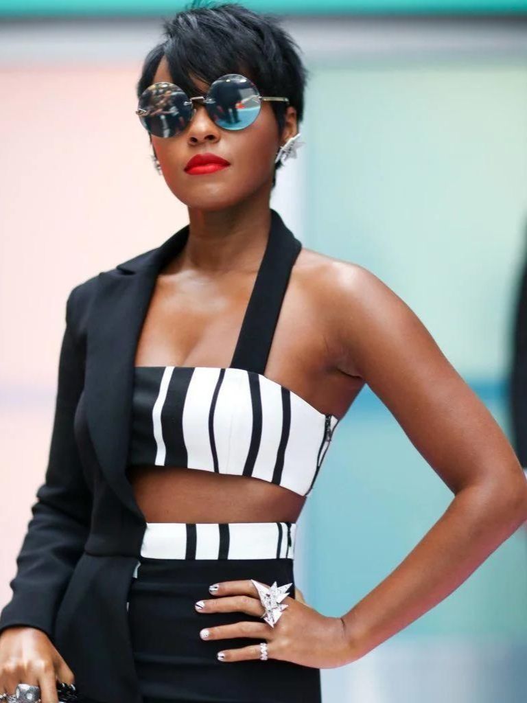 Janelle Monae with straight long pixie cut