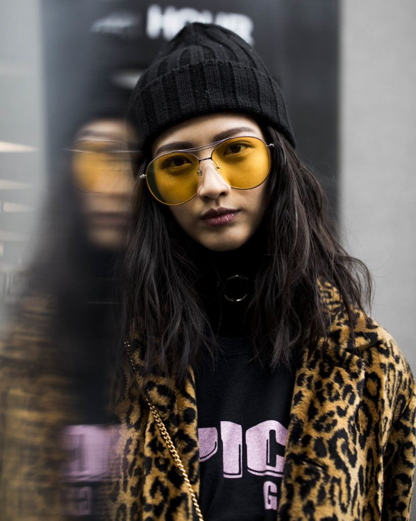 Street Day3 New York Fall 2017 asian model with yellow sunglasses and black textured hair