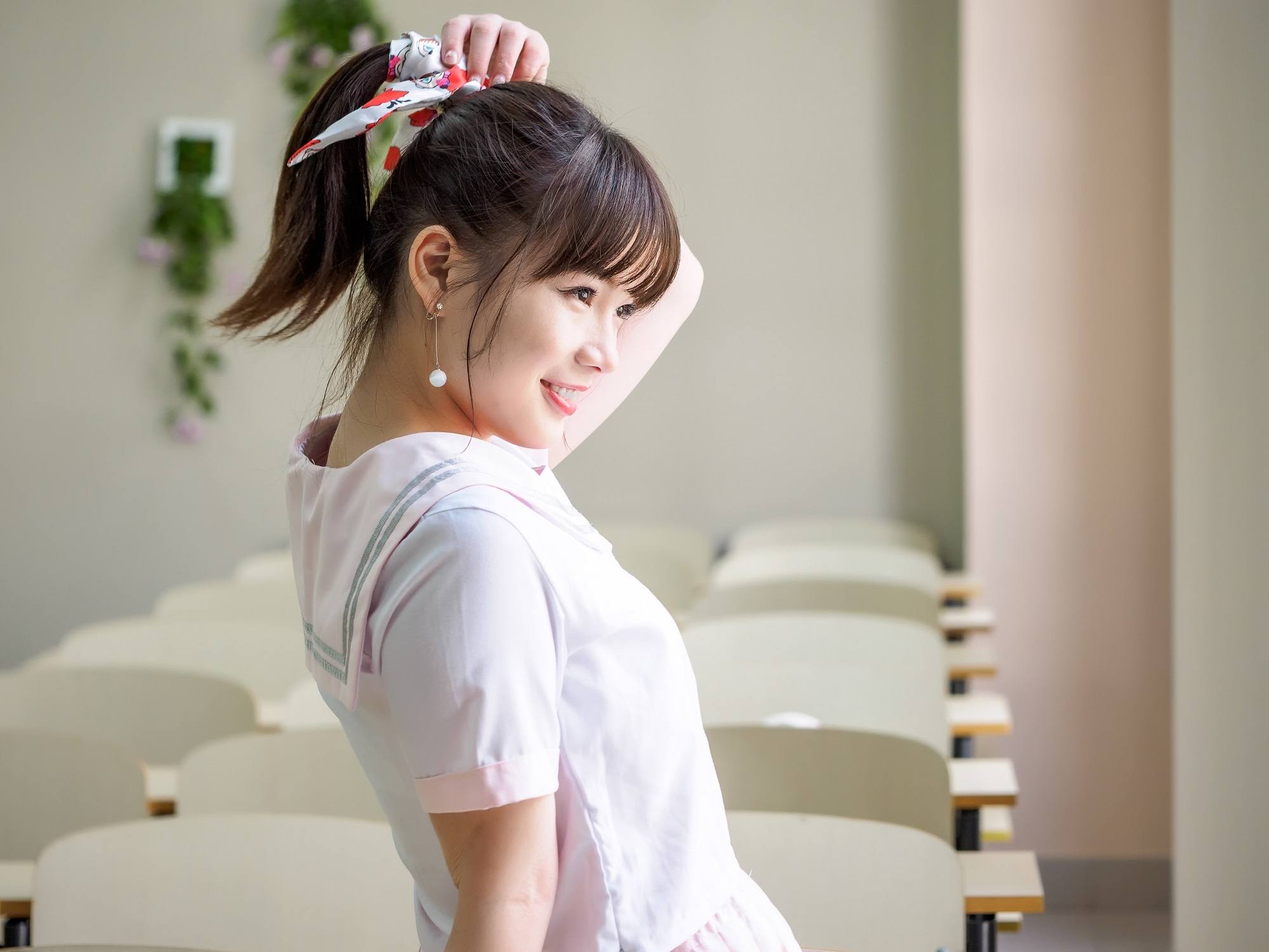 Ponytail with bangs: Asian girl with high ponytail and see-through bangs