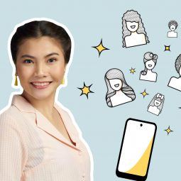 Asian woman smiling with graphic icons of hair and mobile phone