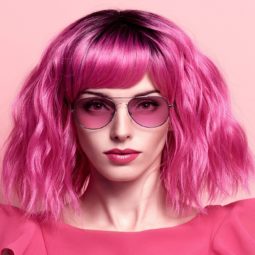 Vibrant hair color: Closeup shot of a woman with a hot pink blunt wavy bob wearing pink shades and a pink shirt