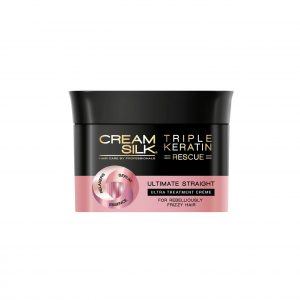 Canister of Cream Silk Triple Keratin Rescue Ultimate Straight Treatment Creme