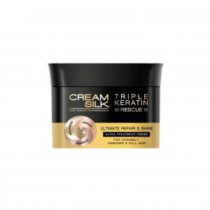 Canister of Cream Silk Triple Keratin Rescue Ultimate Repair & Shine Treatment Creme