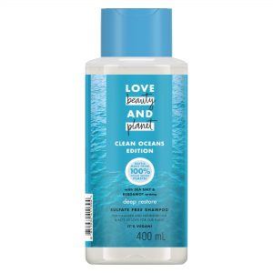 Photo of a bottle of Love Beauty and Planet with Sea Salt and Bergamot Deep Restore Shampoo