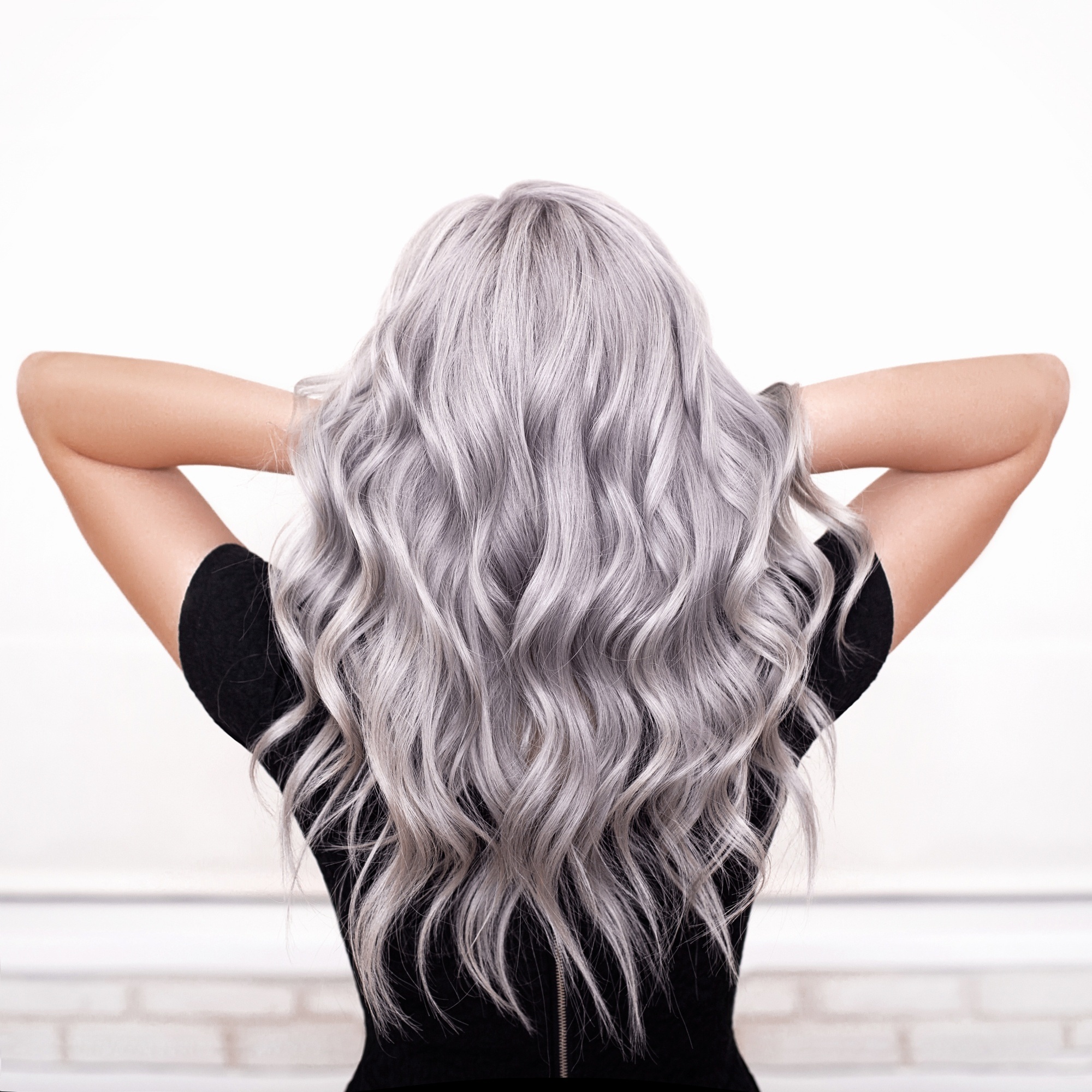 Back shot of a woman with curly silver gray hair