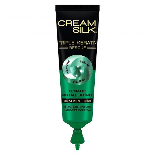 Tube of Cream Silk Triple Keratin Rescue Ultimate Hair Fall Defiance Treatment Shot