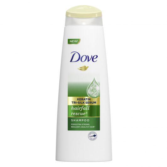 Bottle of Dove Keratin Tri-Silk Serum Hair Fall Rescue Shampoo
