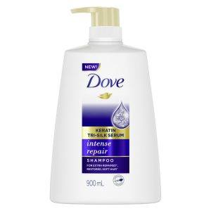 Bottle of Dove Keratin Tri-Silk Serum Intense Repair Shampoo
