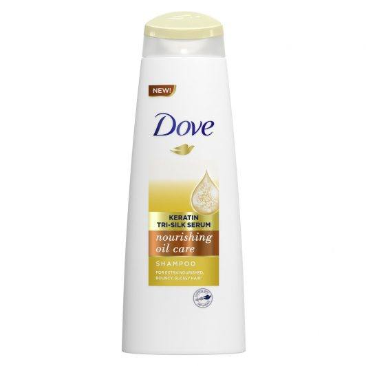 Bottle of Dove Keratin Tri-Silk Serum Nourishing Oil Care Shampoo
