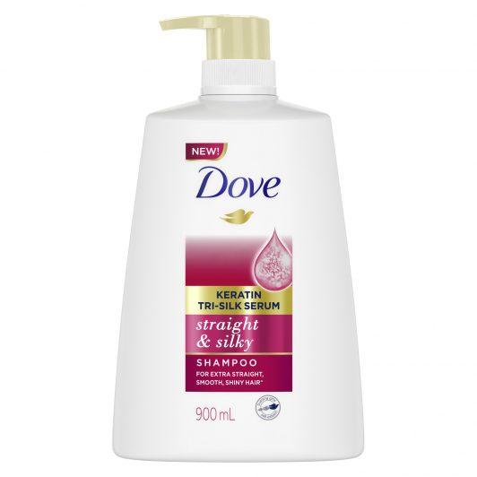 Bottle of Dove Keratin Tri-Silk Serum Straight & Silky Shampoo
