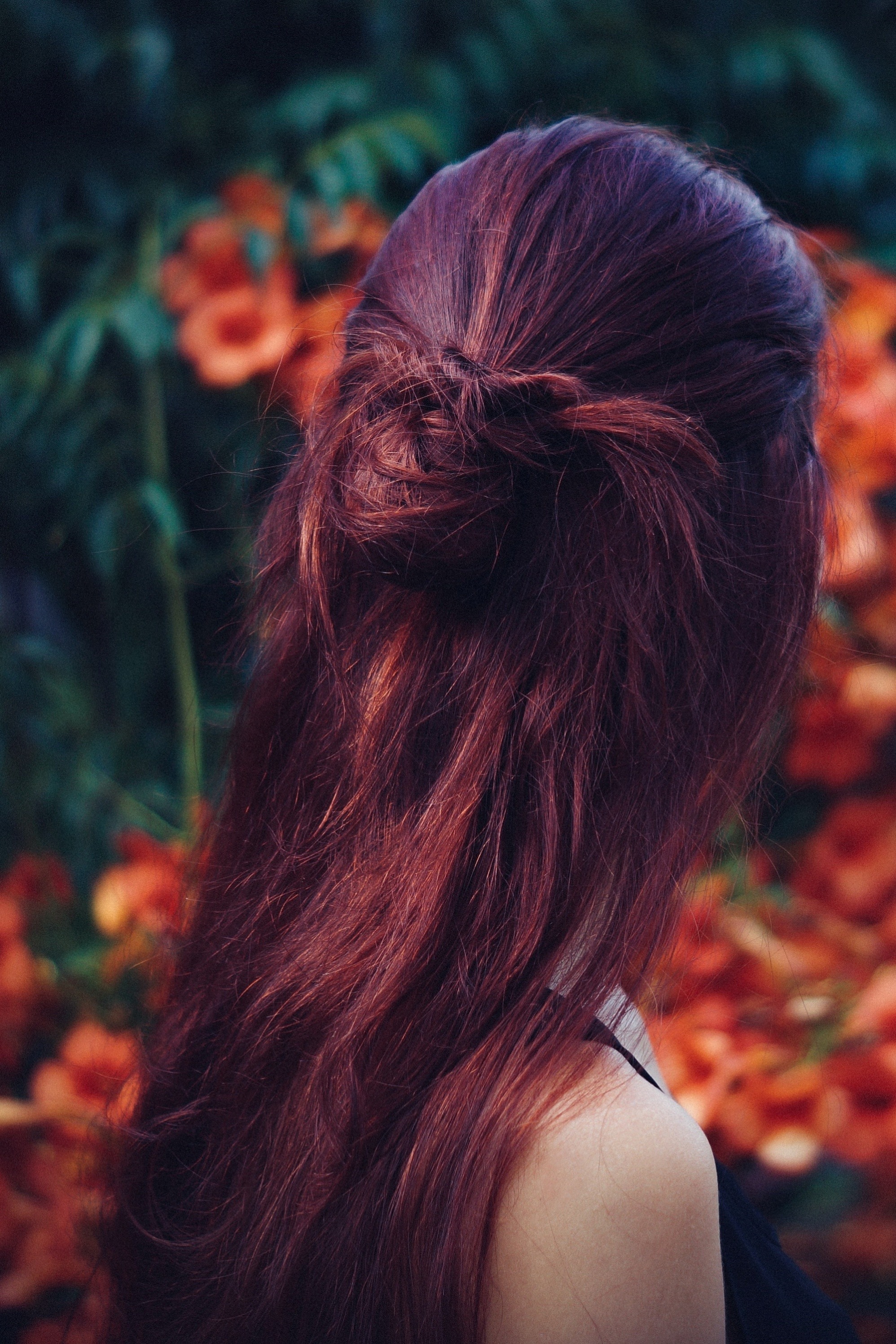 Back of the head of a woman with long deep auburn hair