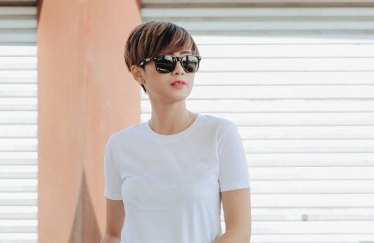Asian woman with a very short hairstyle
