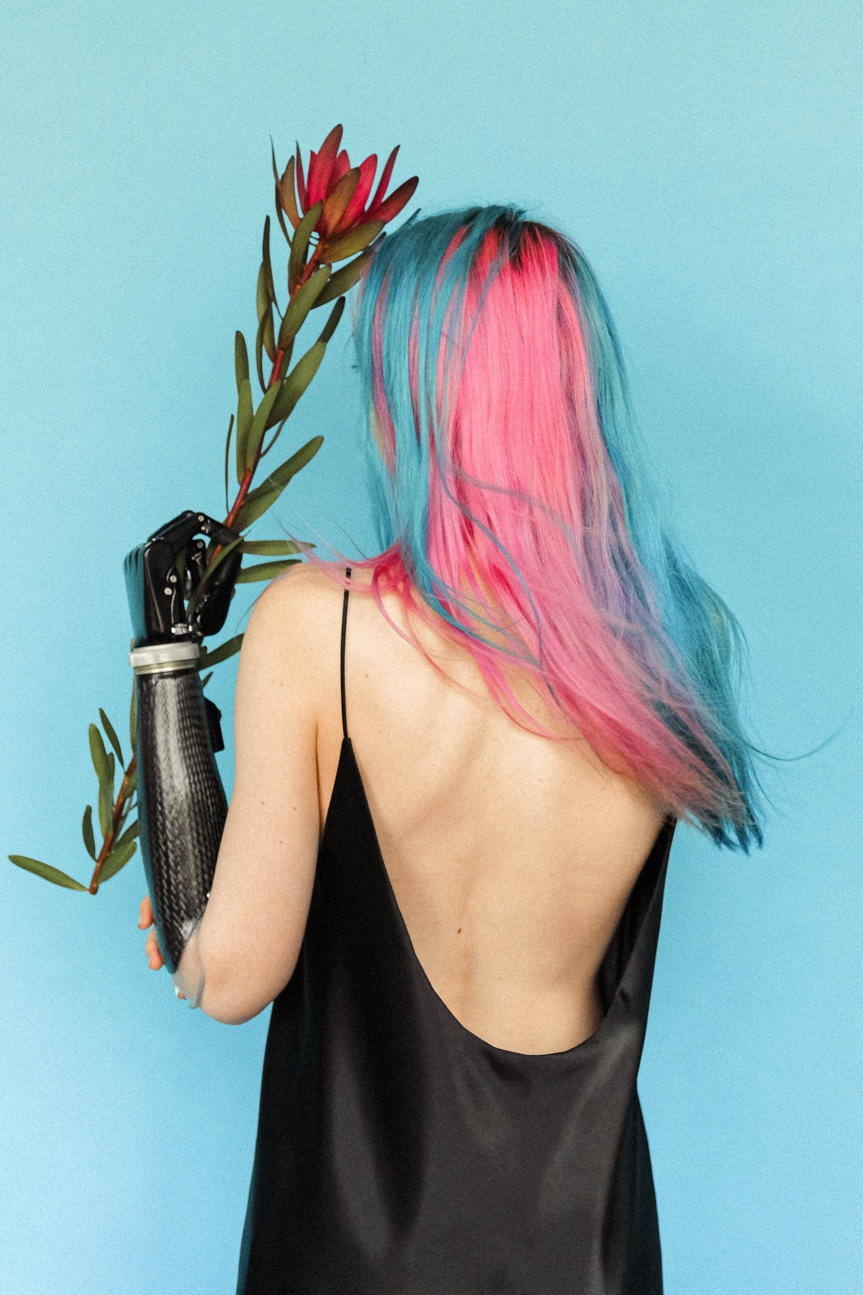 Back of a woman with pink and green hair wearing a black, low-back dress